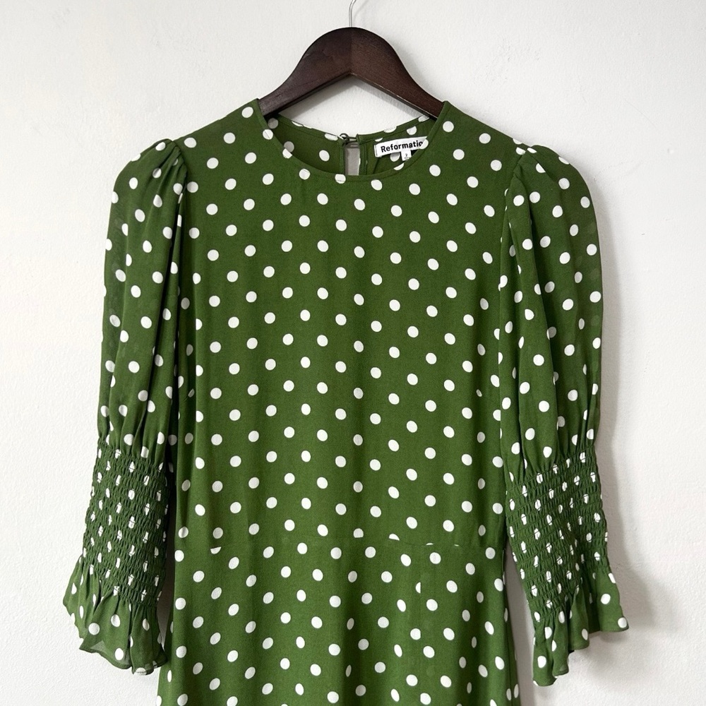 Reformation Carolena Polka Dot Midi Dress in Edamame Green - Picture 3 of 12
